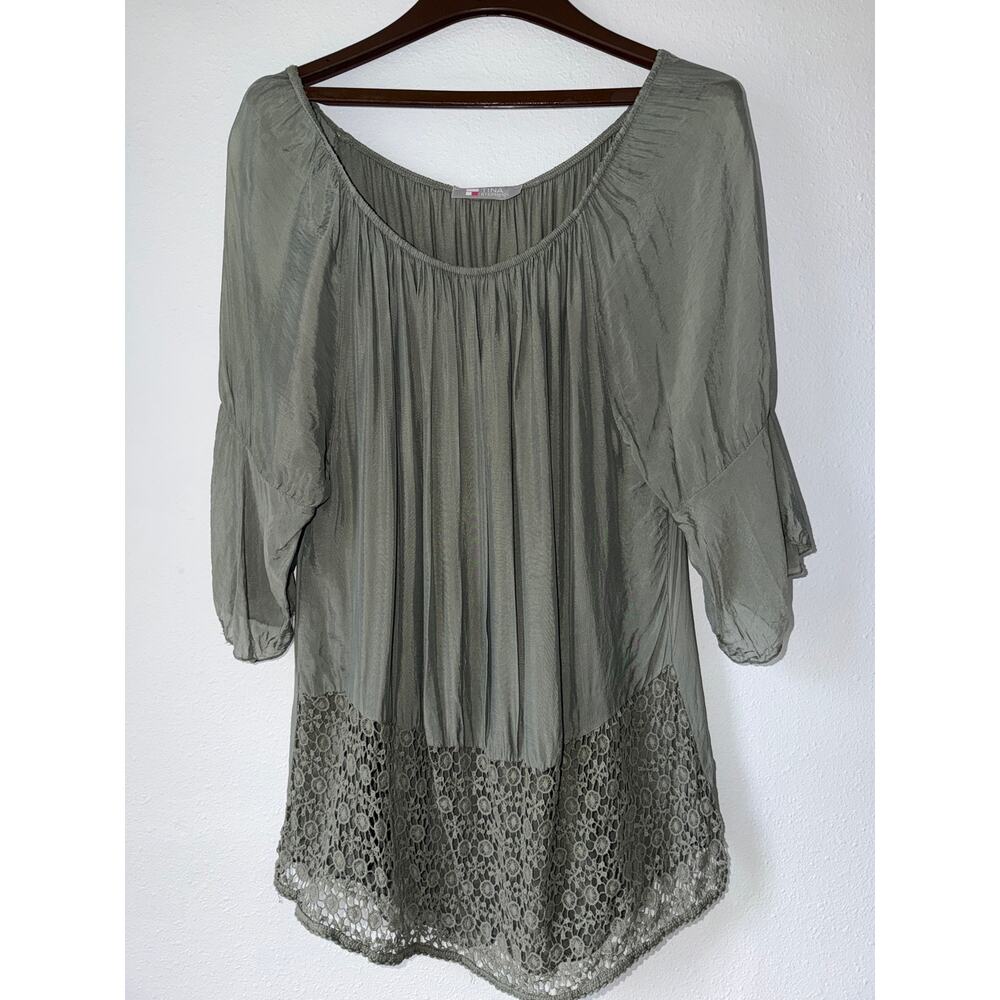 Tina Stephens Green Long Sleeve Eyelet Scoop Neck Boho Peasant Cottagecore XL